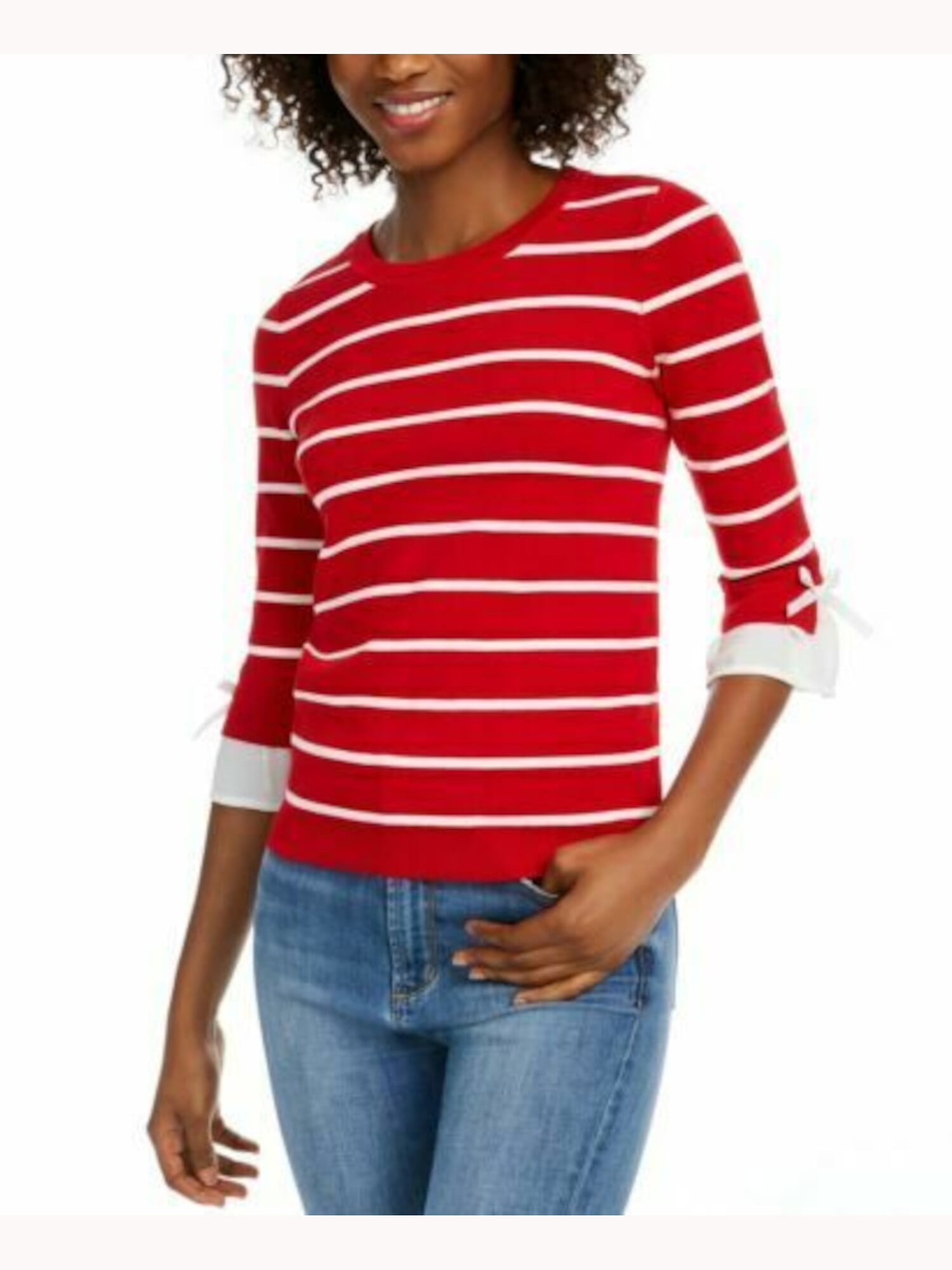MAISON JULES Womens Tie Striped 3/4 Sleeve Jewel Neck TShirt Sweater