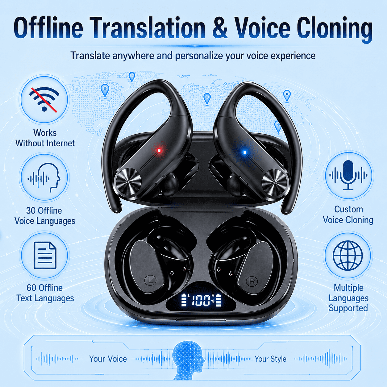 AI Translation Earbuds Real Time, 144 Languages 3-in-1 Wireless Headphones Noise Canceling Offline Mode 60H Playtime, Bulit in AI Assistant for Travel & Business Learning thumbnail 10
