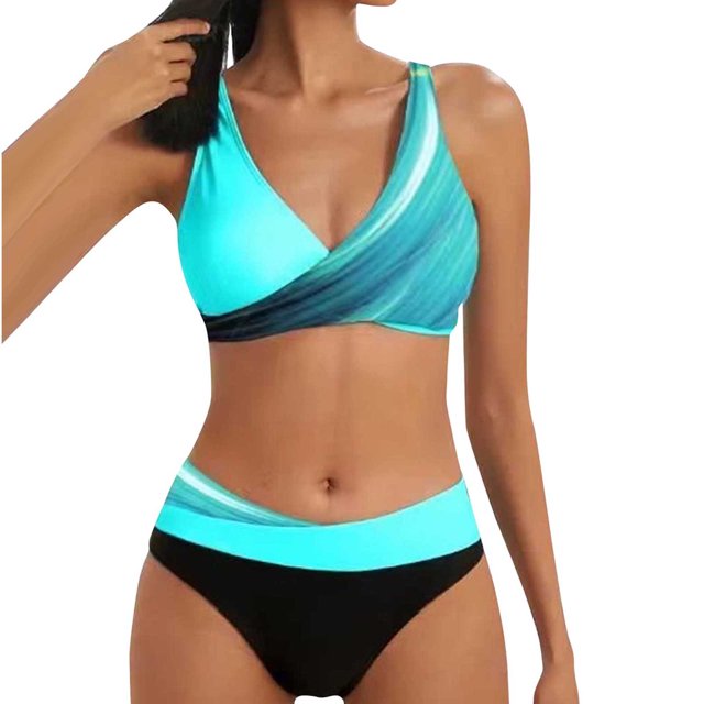 Mejor Belleza Mujer Traje de Baño de Moda Aumentar el tamaño 2 Piezas Tankini Tops de Bikini y Partes de Abajo Azul M