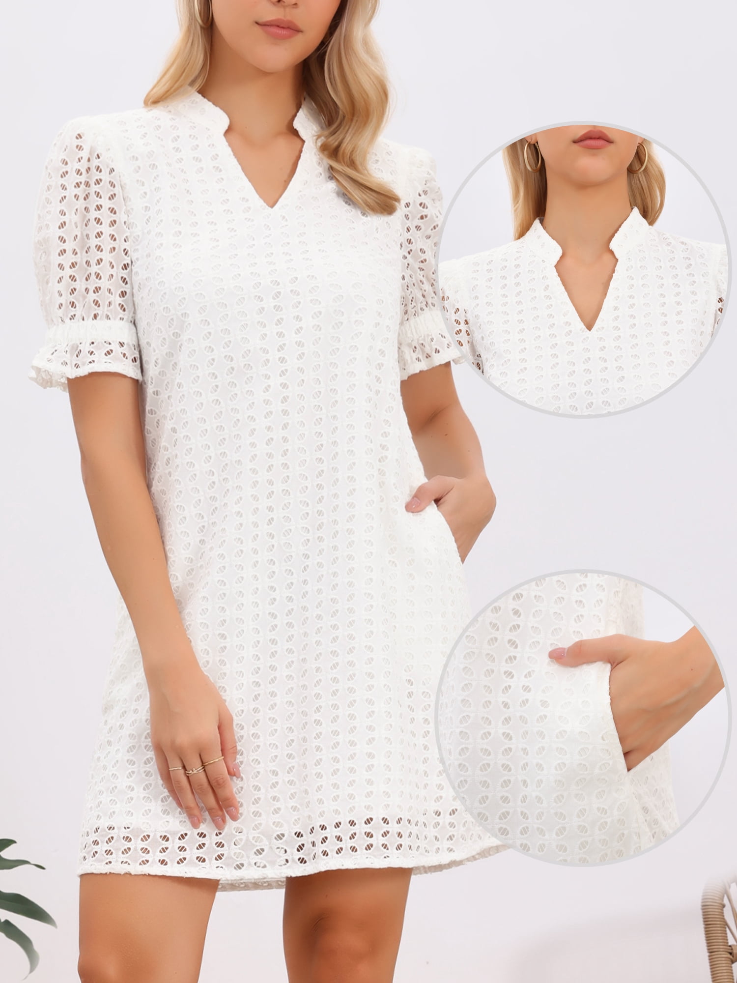 DARING DIVA Women's Mini Dress V Neck Ruffle Hollow Out Eyelet Lace Dresses M White
