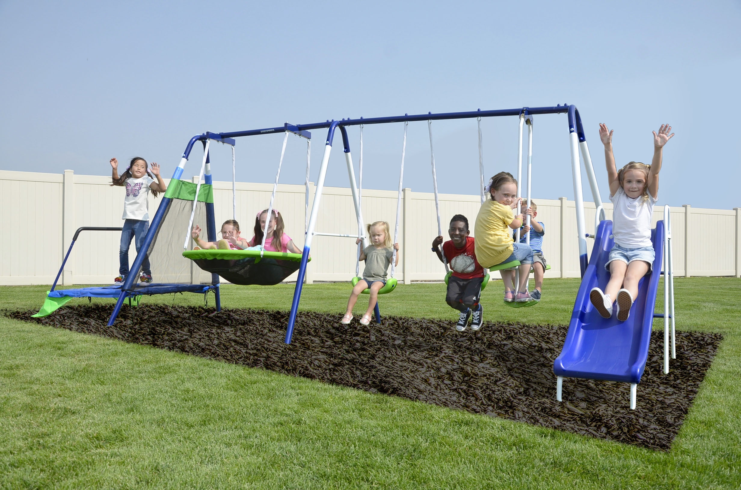 Sportspower Mountain View Metal Swing Set with Glide Ride, Saucer, Trampoline, and 6ft Heavy