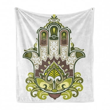 Hamsa Soft Flannel Fleece Throw Blanket, Natural Elements Inspired Hamsa Hand with Branch and Leaf Nature Harmony, Cozy Plush for Indoor and Outdoor Use, 60" x 80", Green White Brown, by Ambesonne