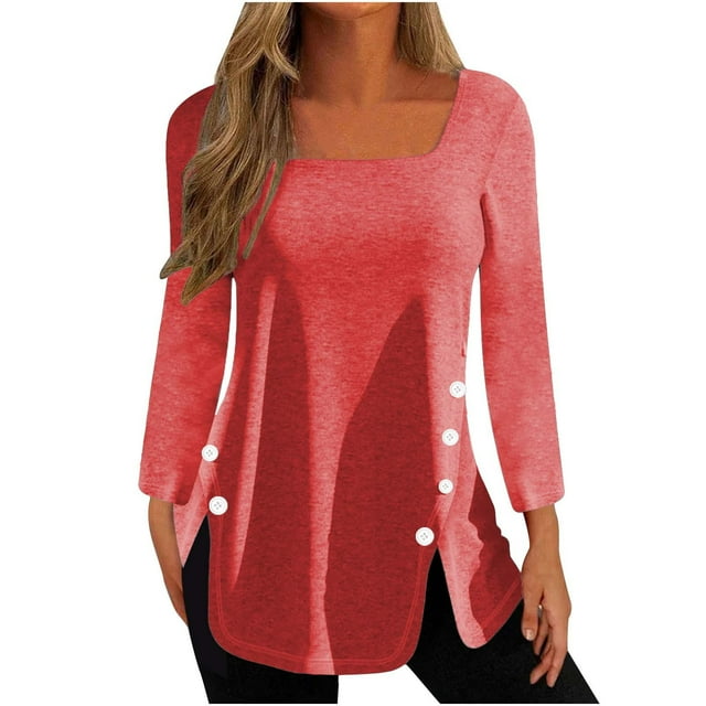 Timegard Womens Tops Square Neck Button Long Sleeve Solid Color Blouses Casual Comfy Loose Tee Tops