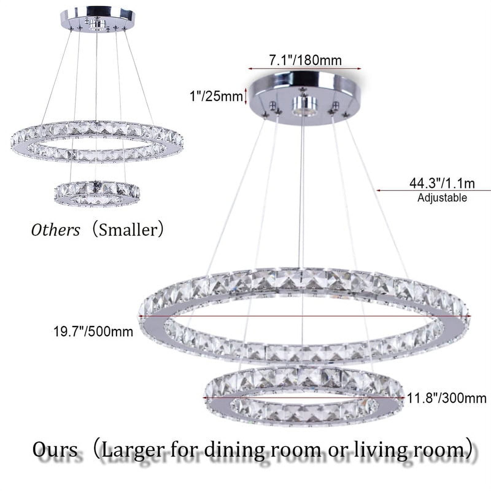 FRIXCHUR LED Modern Crystal Chandelier Ceiling Pendant Light 2 Rings Adjustable Stainless Steel Lighting Fixtures Dining Room Living Room (White)