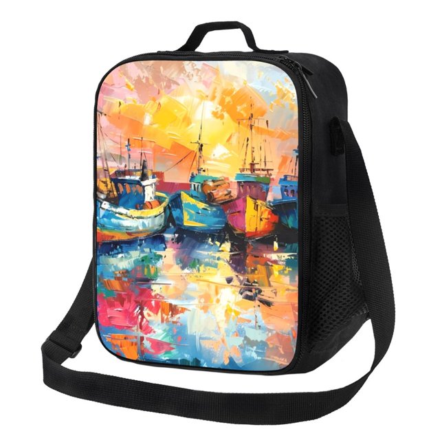 Fotbe Colorful Fishing Boats Lonchera Bolsa de Almuerzo para Hombres y Mujeres, Lonchera de Gran Capacidad, Bolsa de Almuerzo Reutilizable, Bolsa Térmica Aislante
