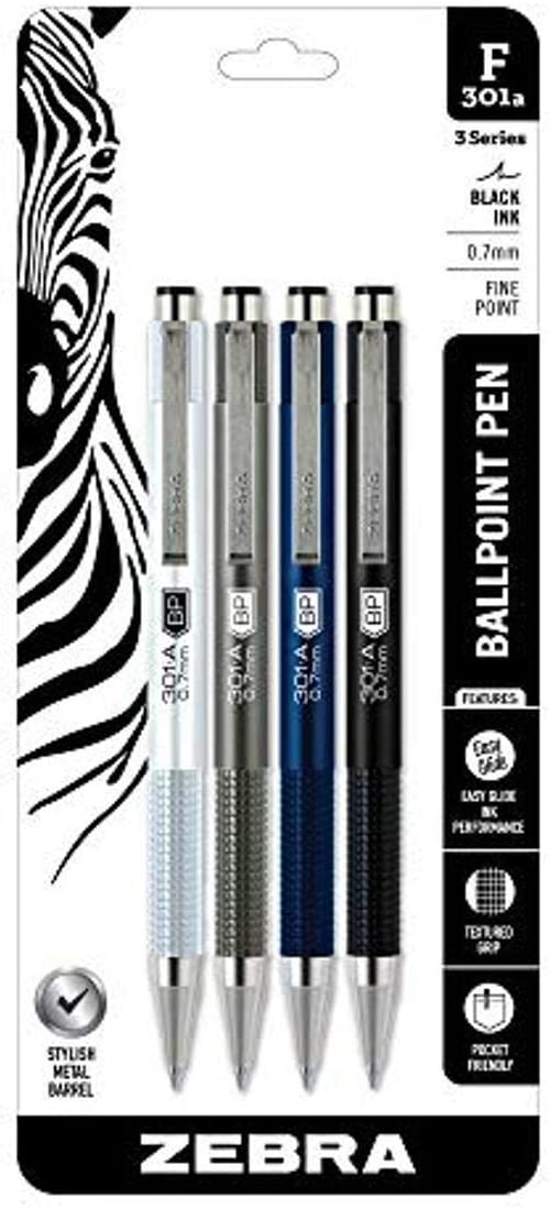 Zebra Pen F-301A Kugelschreiber 4er-Pack – Metallschaft, 0,7 Mm Feinmine, Schwarze Tinte, Verschiedene Farben