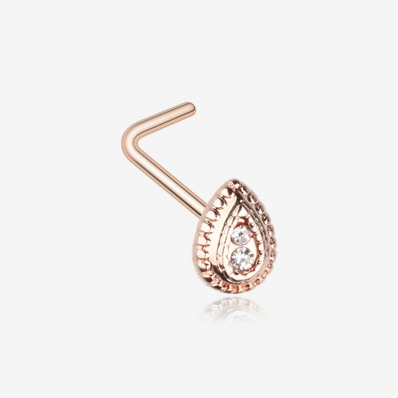 BM25 Rose Gold Bali Avice Teardrop Sparkle L-Shaped Nose Ring-Clear Gem