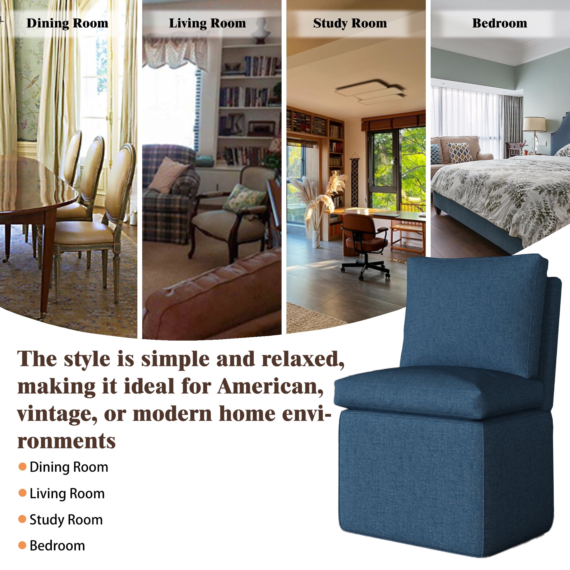 Upholstered Dining Chairs, Modern Linen Dining Chairs with Casters for Kitchen, Bedroom, Living Room, Reading Room, Blue