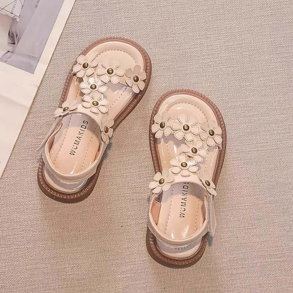 Tfken Sandals For Girls Kids Comfortable Adjustable Ankle Strap Open Toe Trendy Flower Decoration Beige Sandal Size 2-2.5 Years