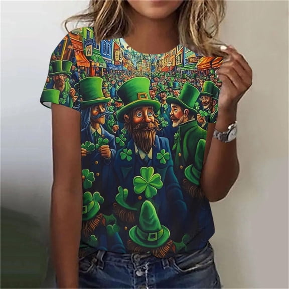 Haivin Women's St. Patrick's Day Print Short Sleeve T-Shirt, Festive Shamrock Design with Crew Neck, Casual Cotton Top for Holiday Parties and Everyday Wear