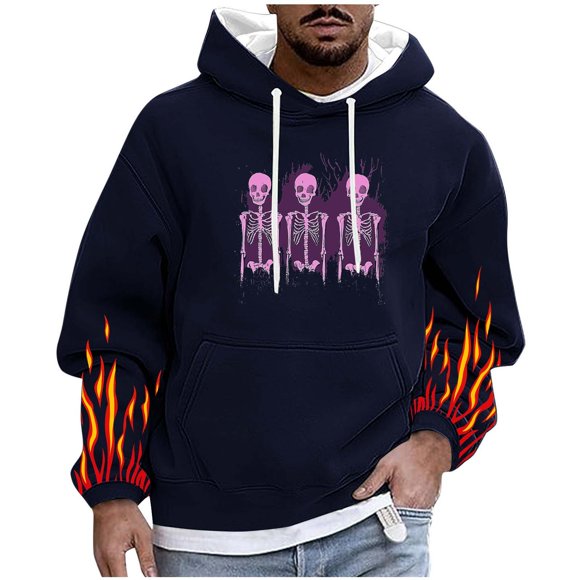 Xfvqtps Men Casual Fashion Printed Pullover Drawstring Long Sleeve Hooded Sweatshirts Navy