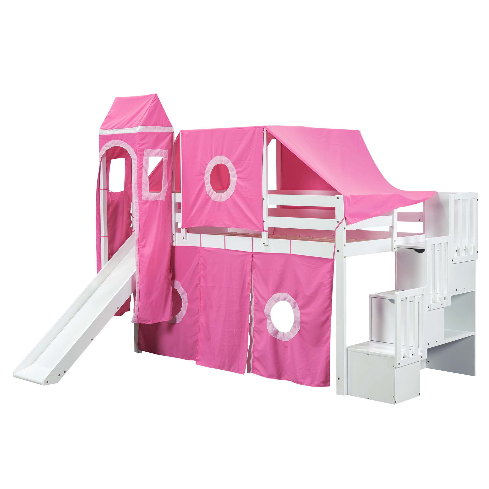 Aukfa Twin Loft Bed with Slide - Princess Castle Bed with Stairway Tent Tower for Kids Girls - Pink