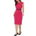thumbnail image 4 of INSPIRE CHIC Robe de Bureau Élégante pour Femme à Col Rond, Manches Cap, Ceinturée, Robe Fourreau de Travail Rose Vif m, 4 of 5