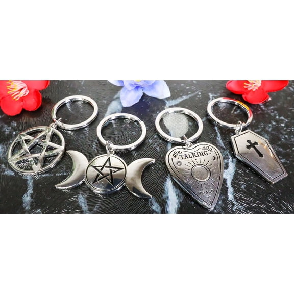 Pack of 4 Metal Triple Moon Coffin Planchette Keychains