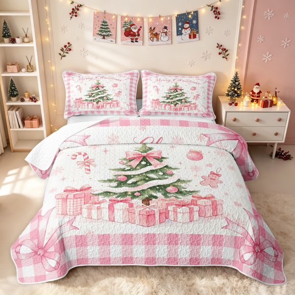 Erosebridal Bowknot Christmas Tree Twin Quilt Set, Cartoon Gift Twin Coverlet Set, White Pink, 2pcs, 1 Bedspread and 1 Pillowcase