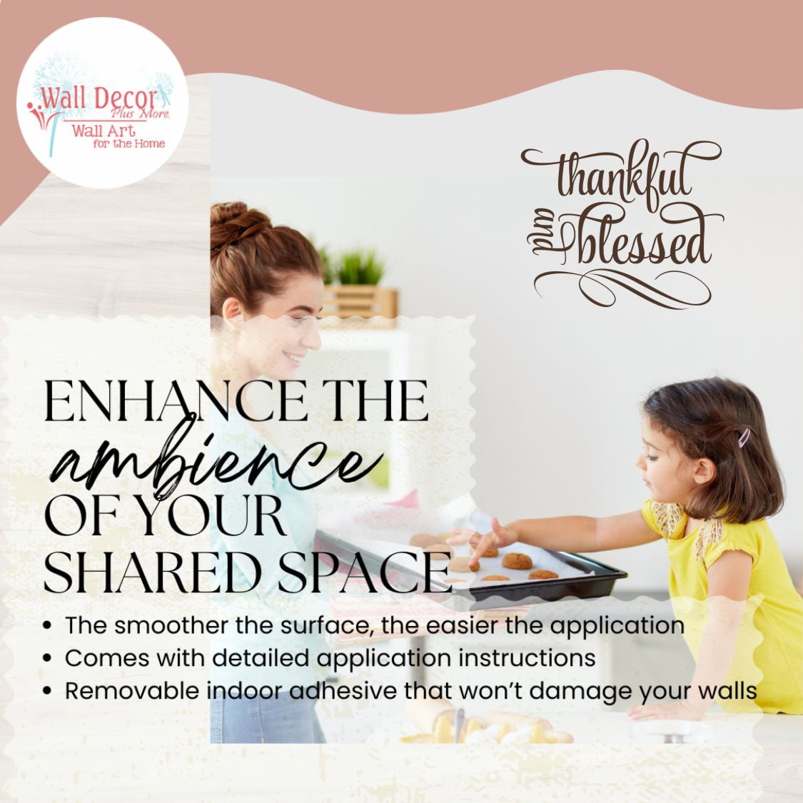 Kitchen Wall Art Decal Thankful Blessed Cursive Word Quote Swirls Wall Stickers 23x19-Inch Chocolate Brown