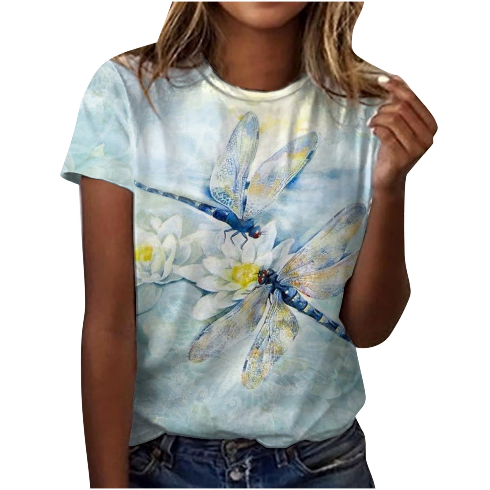 Moilant T-Shirt Womens Cute Dragonfly Print Tops Short Sleeves O-Neck Loose Blouse Tunics 