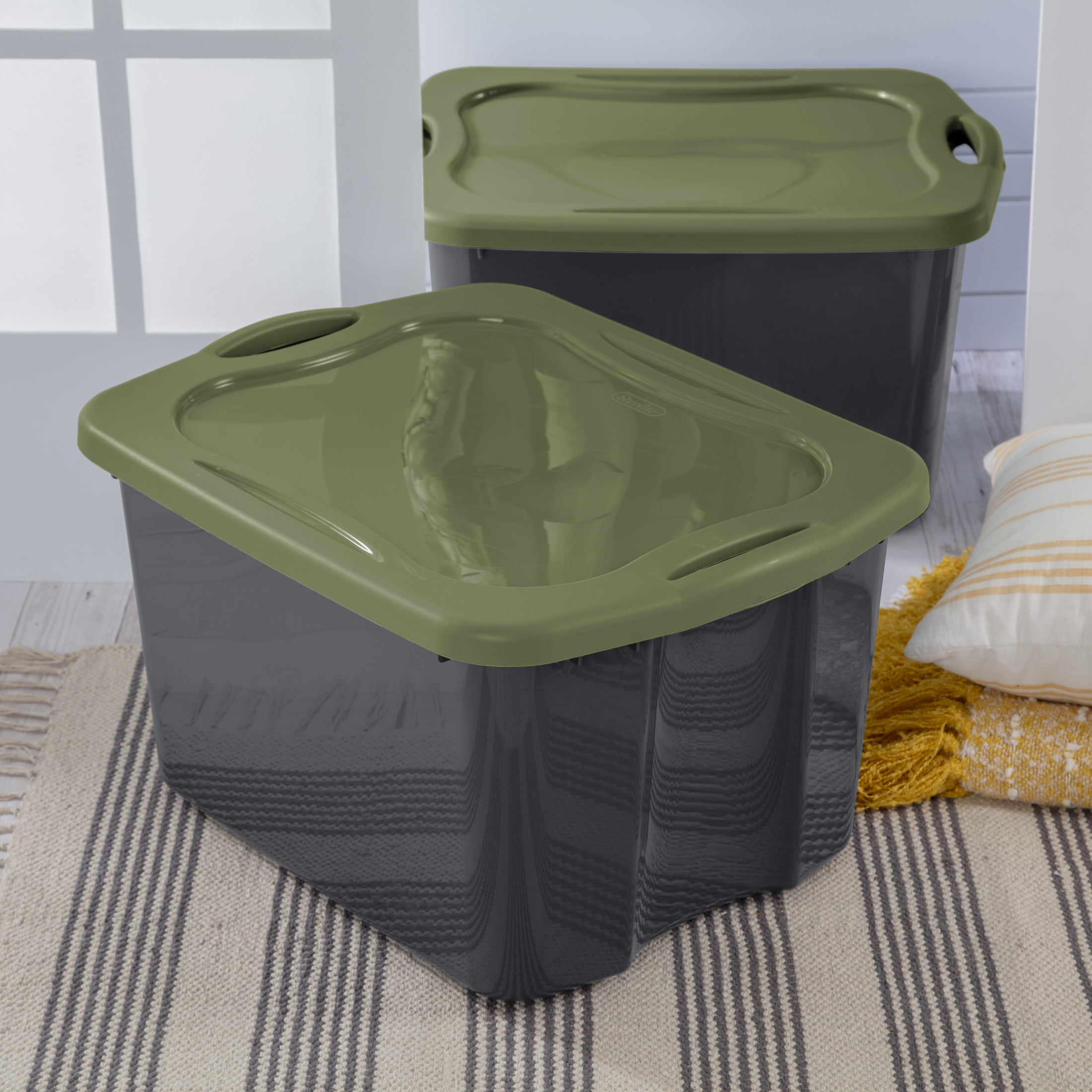 (2 pack) Sterilite EZ Carry 17.5 Gallon Large Storage Bin, Clear Plastic Storage Container with Full-Grip Handles, Gray