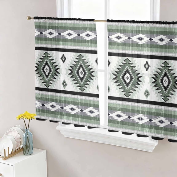 Sage Green Boho Semi Sheer Curtains 45 Inch Length 2 Panels Set, Southwestern Ethnic Aztec Retro Geometric Sheer Kitchen Curtain Privacy Voile Window Curtain for Living Room Bedroom Rod Pocket Drapes