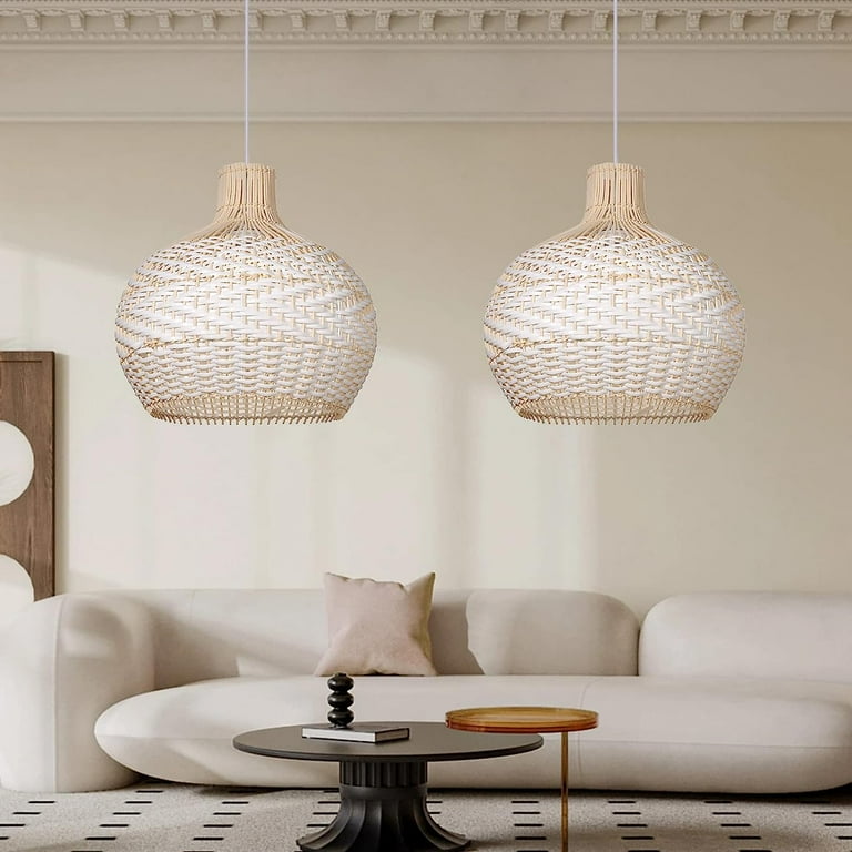 Arturesthome White Wicker Chandelier Boho Basket Rattan Pendant Lighting Fixtures Large Basket Natural Woven Hanging Ceiling Lights Lamp Shade