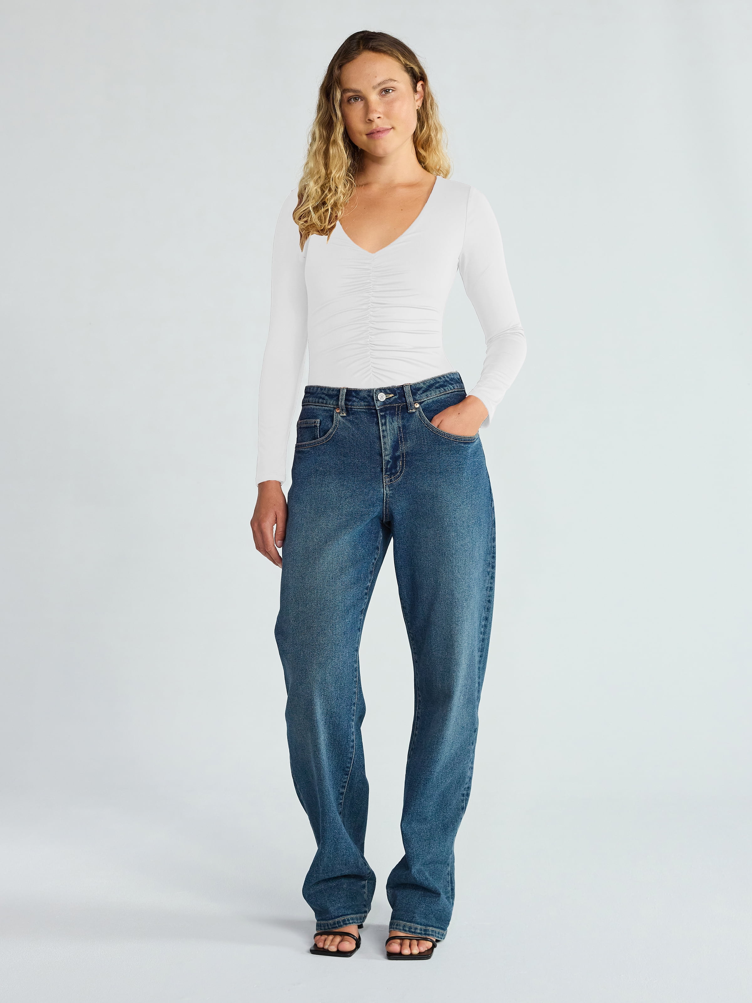 Madden NYC Women's Ruched Sculpting Bodysuit with Long Sleeves, Sizes XXS-XXL