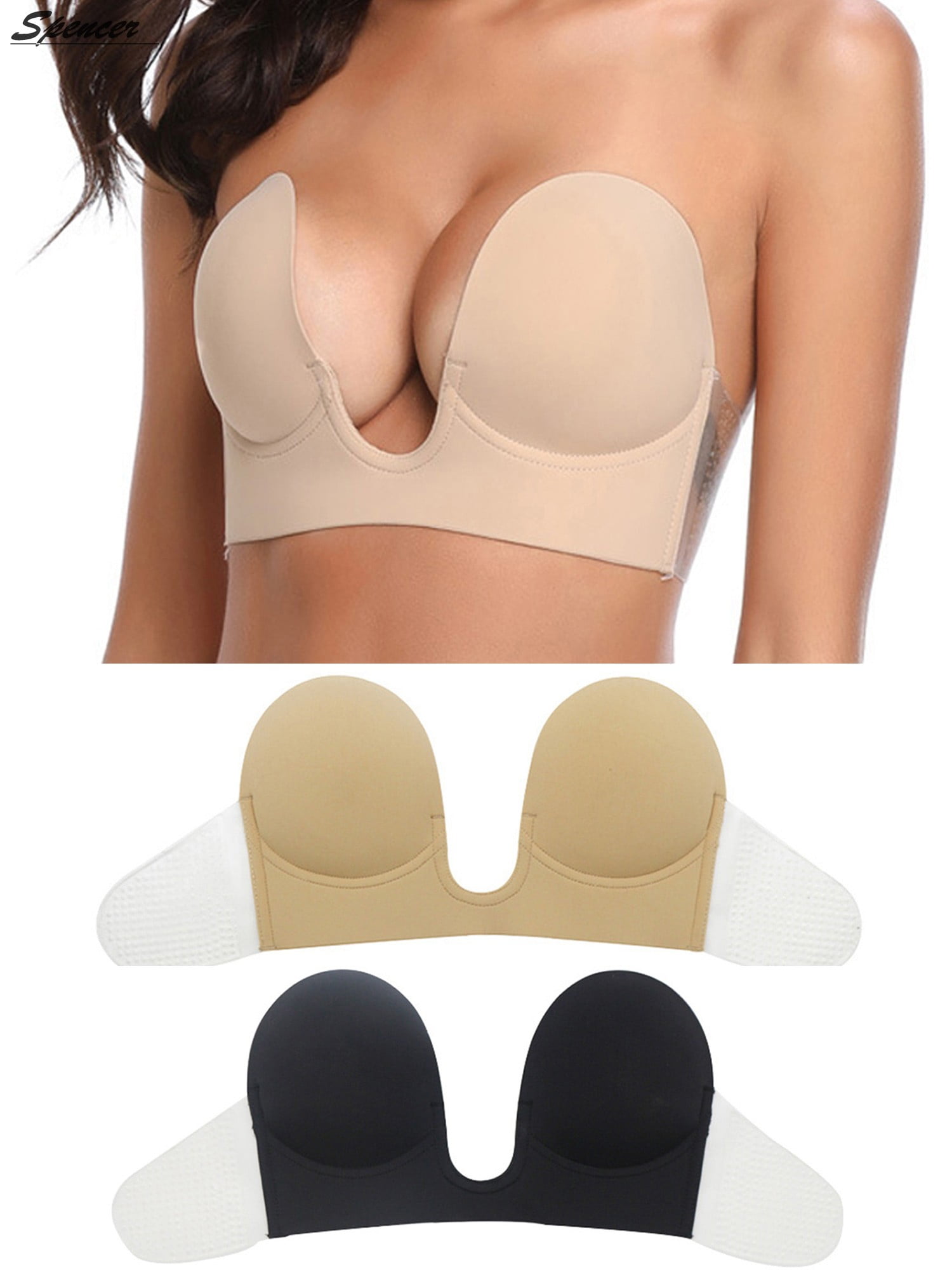 Spencer 2Pack Womens Push Up Plunge Sticky Adhesive Bra Reusable Deep  U-Shaped Strapless Backless Breast Lifting Bra, B Cup 