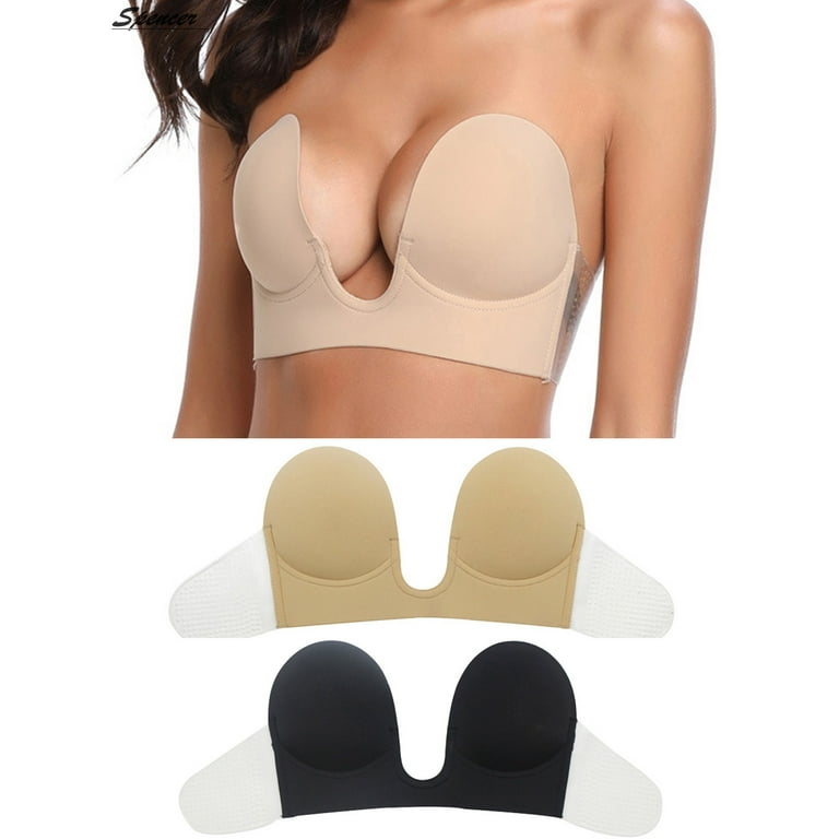 Spencer 2Pack Womens Push Up Plunge Sticky Adhesive Bra Reusable Deep  U-Shaped Strapless Backless Breast Lifting Bra, A Cup 