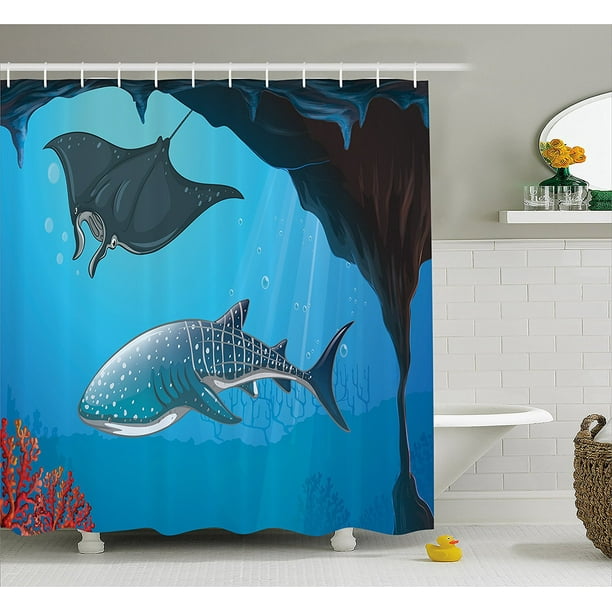 Sea Animal Decor Shower Curtain By Shark Deep Water Stingray With Coral Reefs Algae Rocky Cave