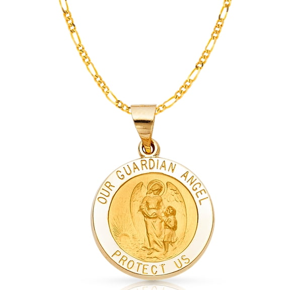Ioka-14K Yellow Gold Our Guardian Angel Charm Pendant with 3.1mm Figaro 3+1 Chain Necklace - 20"