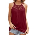 thumbnail image 1 of Top de mujer con cuello redondo, blusa sin mangas, camisa de busto fruncido, empalme de encaje, Top de color puro, rojo vino S, 1 of 8