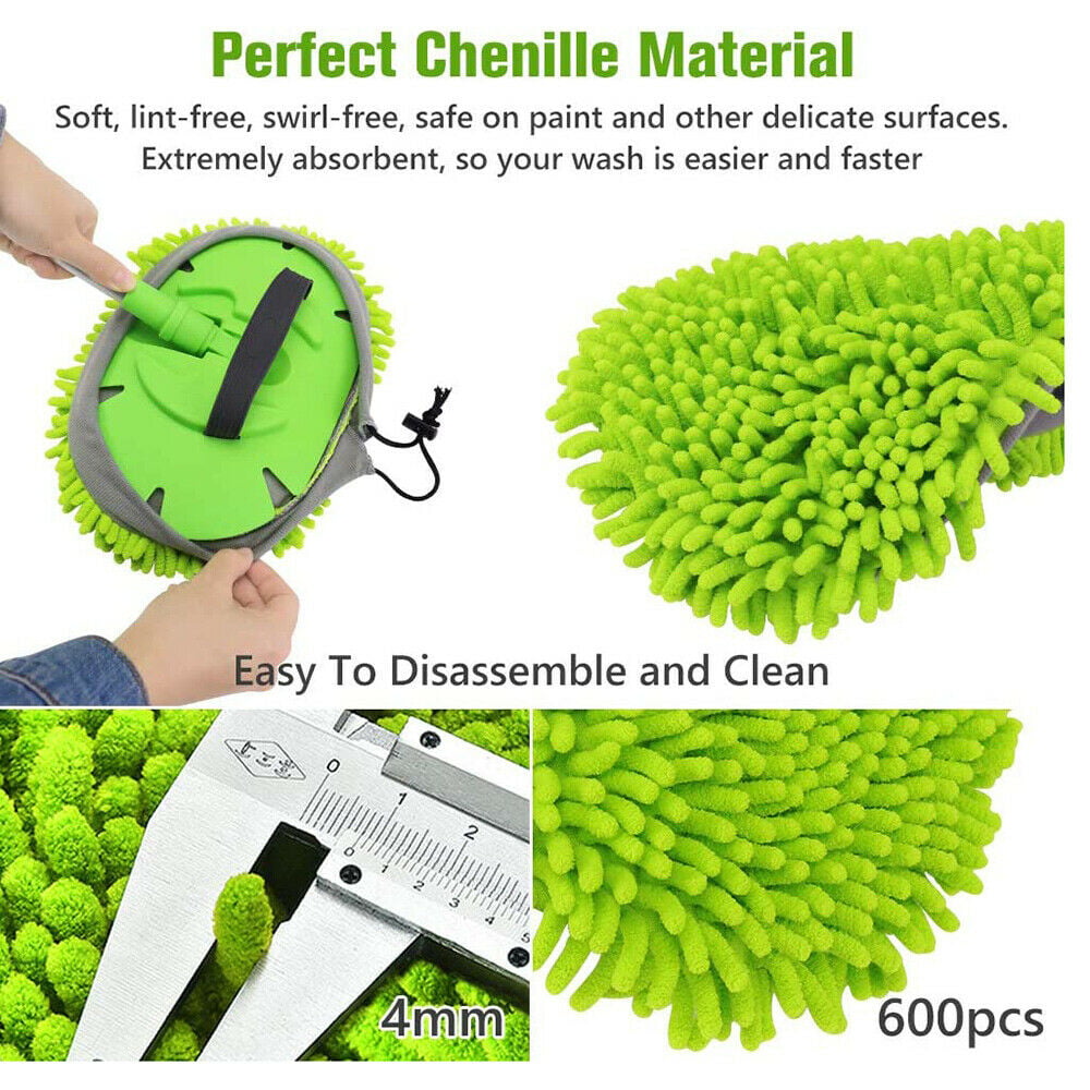 LeeLoon 2 in 1 Microfiber Car Wash Mop Mitt with 45 Aluminum Alloy Long Handle,Chenille Car Cleaning Kit Brush Duster with Scratch Free for Washing Car