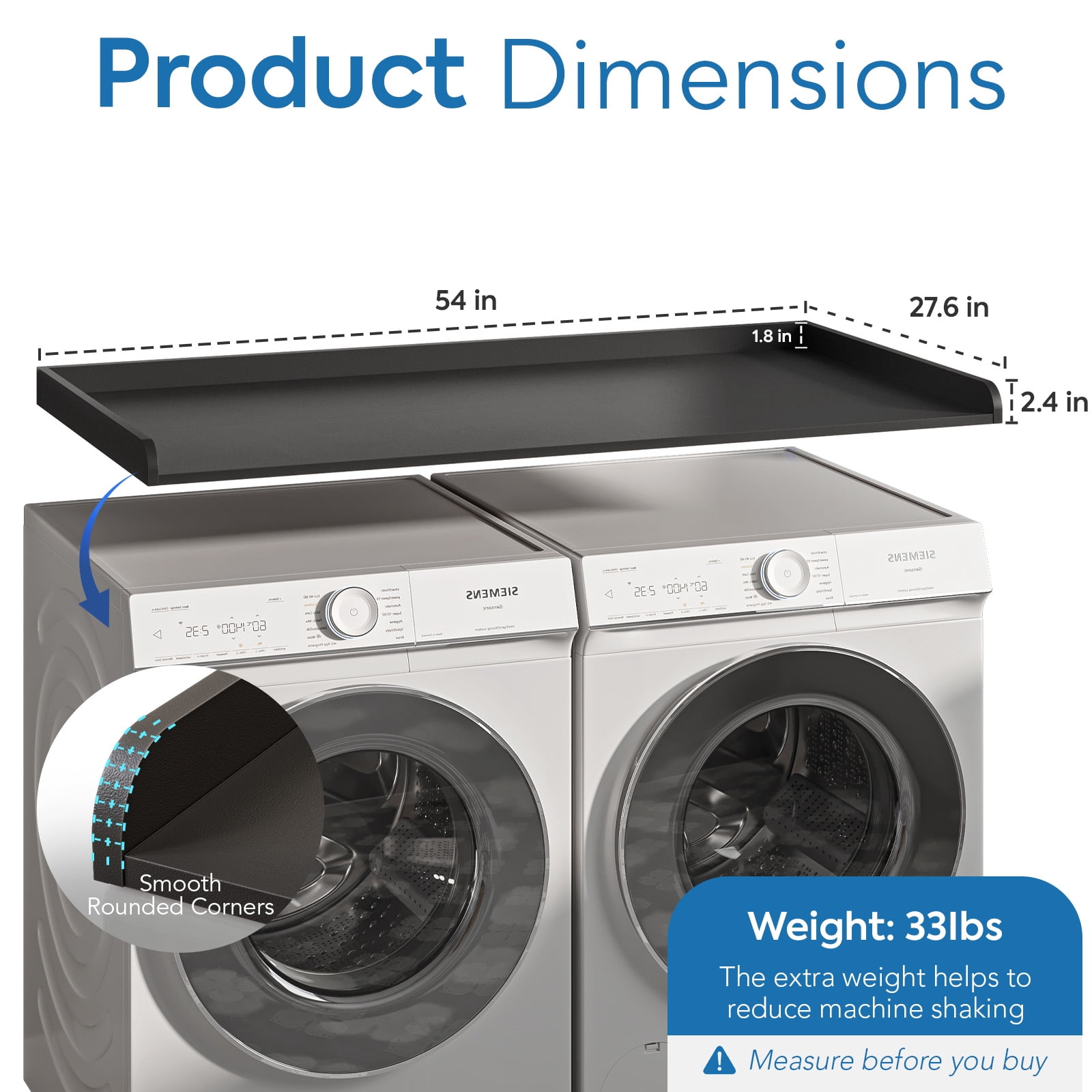 Wood Washer Dryer Countertop with Anti-Slip Pad, 27.6" D x 54" W Dryer Covers for The Top with Edge Rails, Washer Dryer Topper for Laundry Room, Black