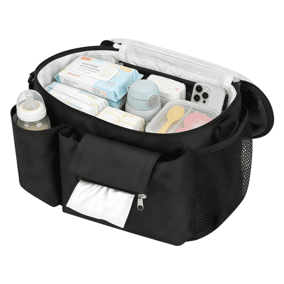 Universal Stroller Organizer Caddy - Large Capacity Waterproof Hanging Bag with Cup Holders, Phone Pocket & Detachable Strap for Strollers & Cribs (Black)