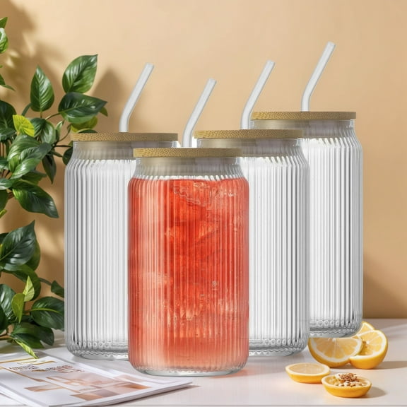 4 Pcs 16 Oz Cup with Lids and Straws, Ribbed Can Shaped Drinking Glasses, Iced Coffee Cups, Cocktail/Beer Glasses, Tea Cups Fluted Glass Tumblers with Bamboo Lids and Glass Straws