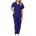 thumbnail image 2 of Riecok Women Nurse Uniforms V Neck Short Sleeve Tops and Drawstring Pant Comfortable 2 Piece Workwear with Pockets, 2 of 6