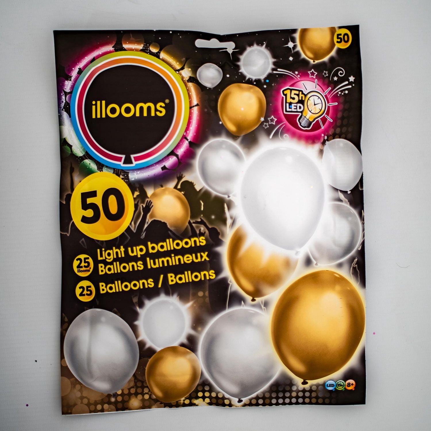 illooms Light Up LED Gold, Silver & White Balloons 50PK
