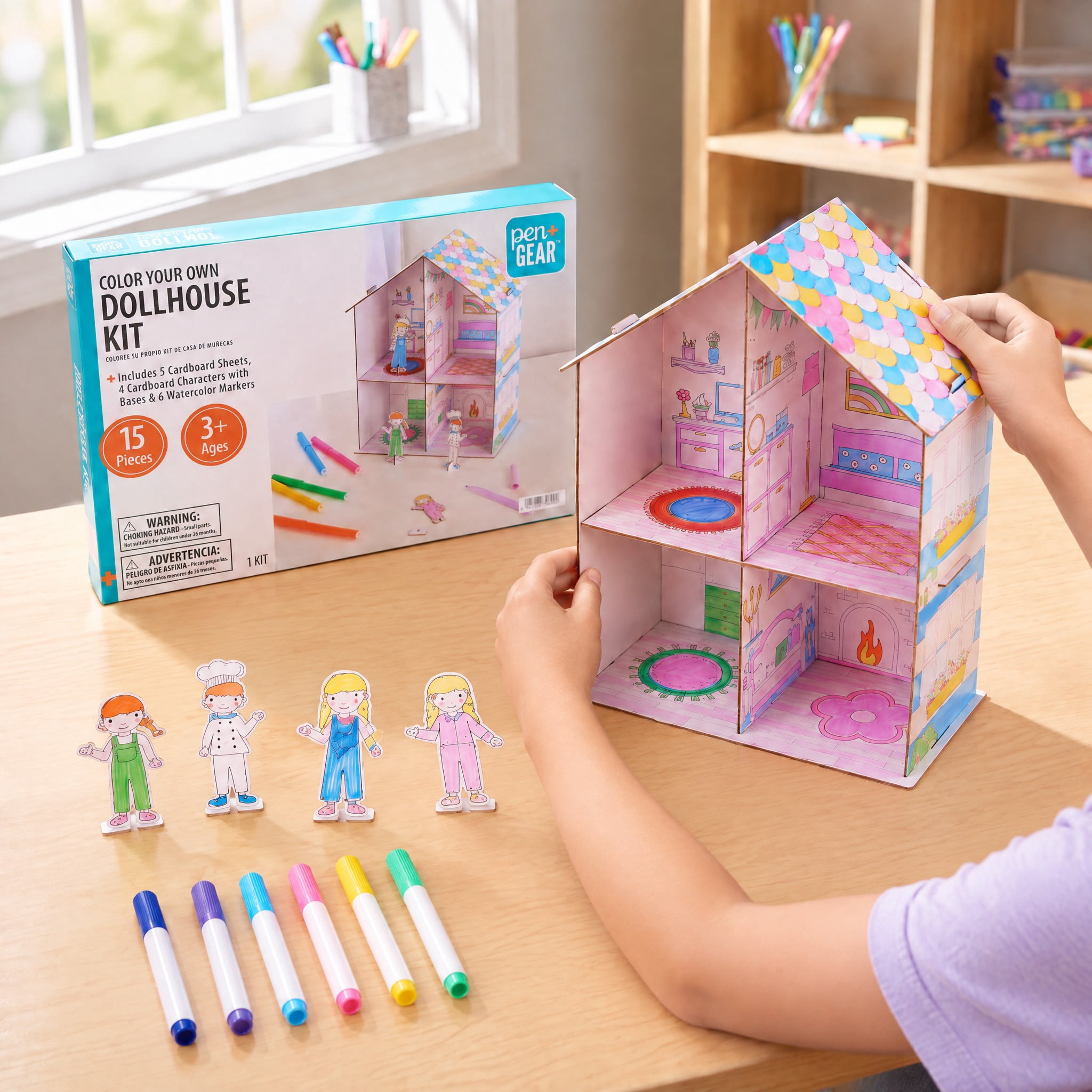 Pen+Gear Color Your Own Cardboard Dollhouse Kit, 15 Pieces