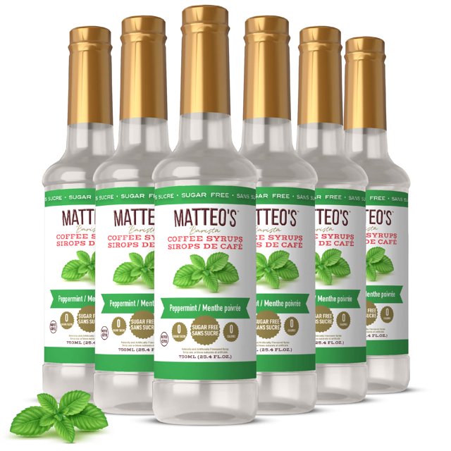Matteo's Sugar Free Coffee Flavoring Syrup, Peppermint flavor, displayed in a set of six 750mL bottles with gold caps and green labels featuring mint leaf graphics. These keto-friendly coffee syrups have 0 calories and 0 sugar, perfect for enhancing coffee drinks at home or work.