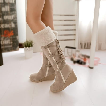 

Boots For Women Women S After Sanding With Tassels High Boots Sleeves Wedges Snow Boots Beige 8