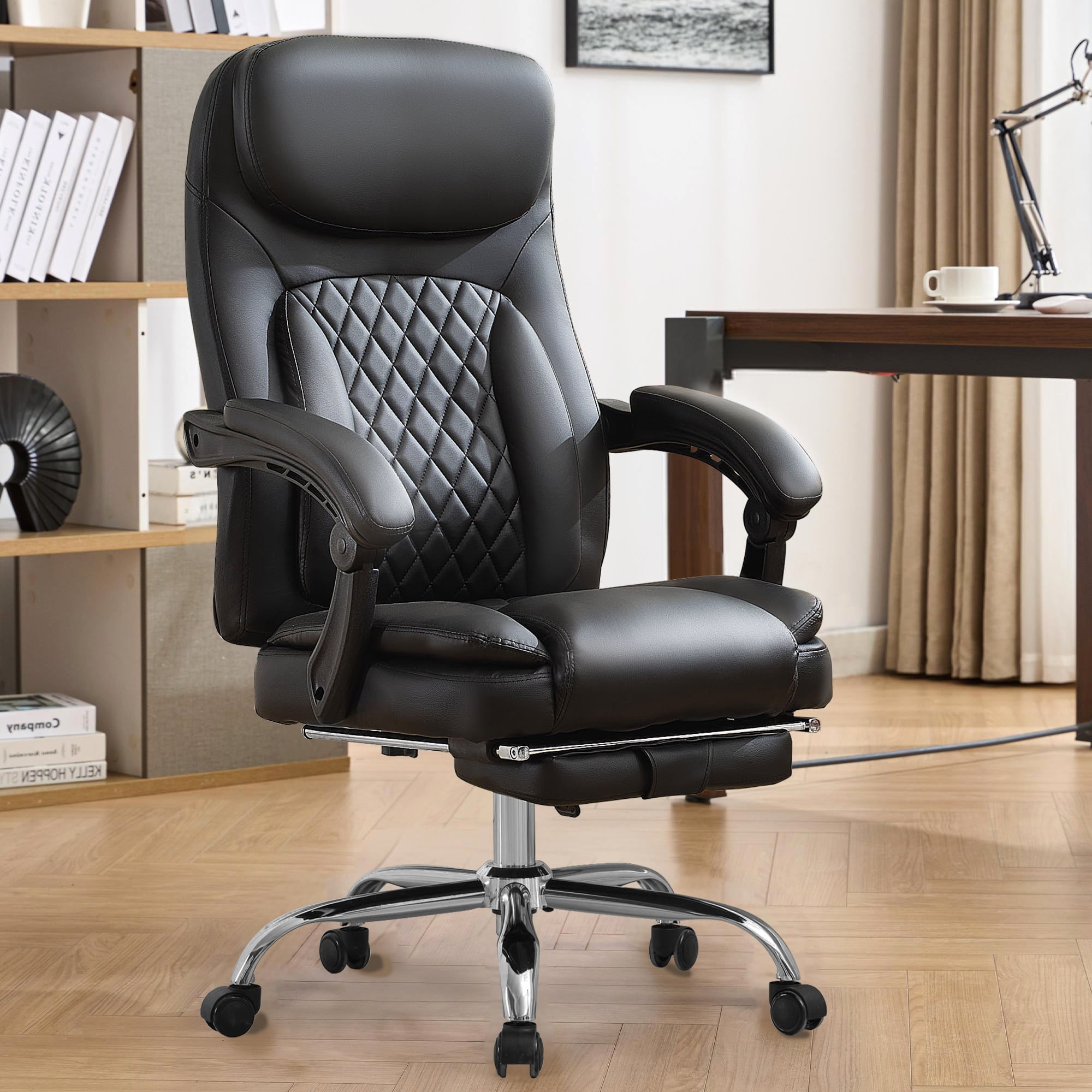 JONPONY Big and Tall Office Chair 500LBS Executive Office Chair Massage and Footrest Ergonomic Computer Desk Chair Reclining High Back Leather Office Chair Lumbar Back Support Swivel Rolling,Black