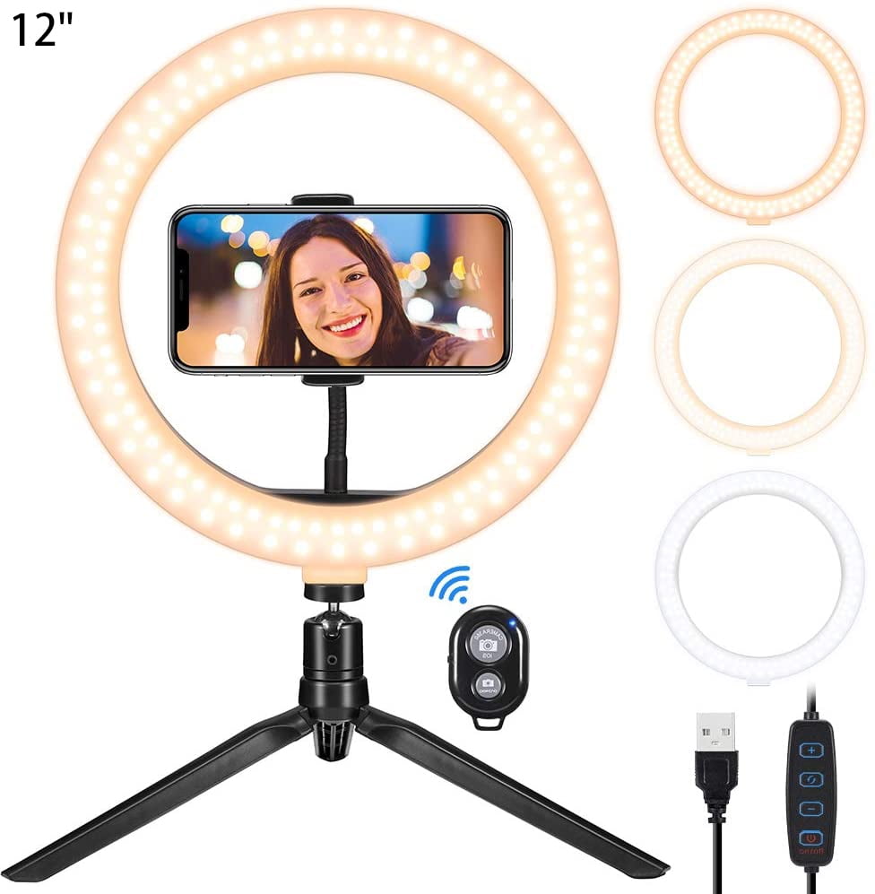 MEETTOP 12 Touch & Remote Selfie Ring Light with Tripod Stands and 2 Phone Holders Dimmable LED Ring Light with Bluetooth Remote and Lamp Remote Controller for YouTube/Live Stream/Makeup/Photography