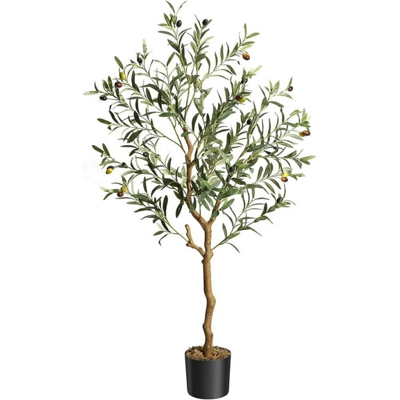 4 FT Artificial Olive Tree Indoor, Tall Faux Olive Tree with Moss, Black Nursery Pot, Artificial Silk Plant, Designed Faux Wood Trunk and Realistic Fruit, Perfect for Home Office Decor Gift 1 Pack