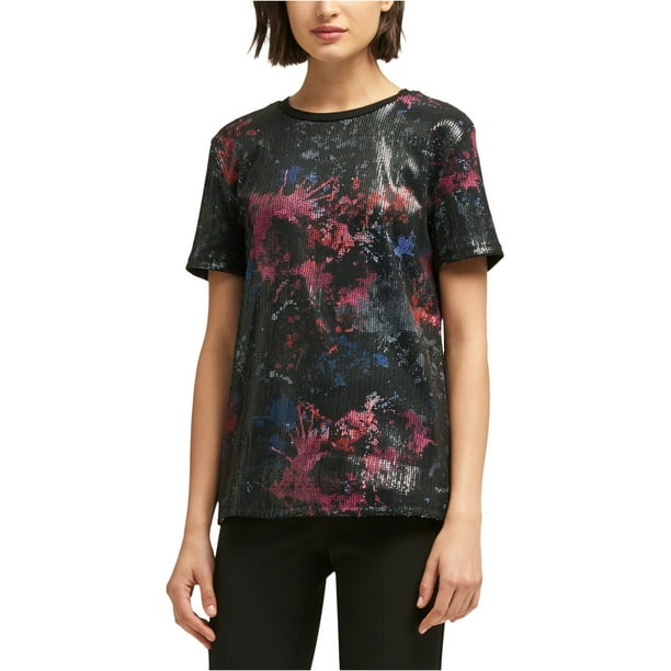DKNY Womens Abstract Embellished T-Shirt, Black, Medium 