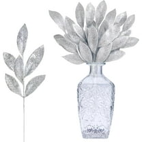 GoXteam 20Pcs Christmas Glitter Leaves Bay Leaves Spray 13" Artificial Bay Leaf Picks Sprays Giltter Stems for Christmas Tree DIY Xmas Wreath Garland Home Decor, Silver