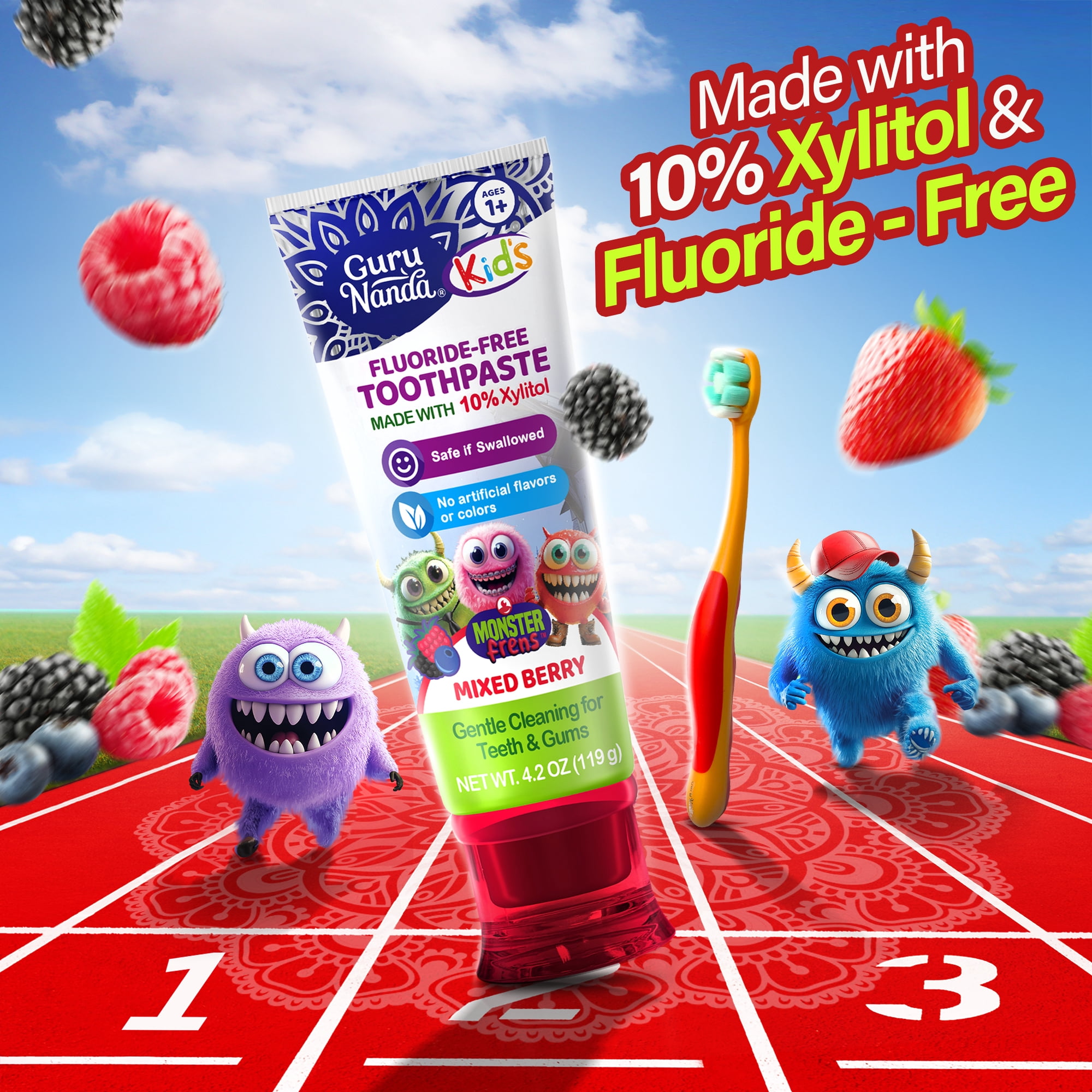 Gurunanda Kid's Toddler Toothpaste with Xylitol - Fluoride-Free - Mixed Berry Flavor - 4.2 oz