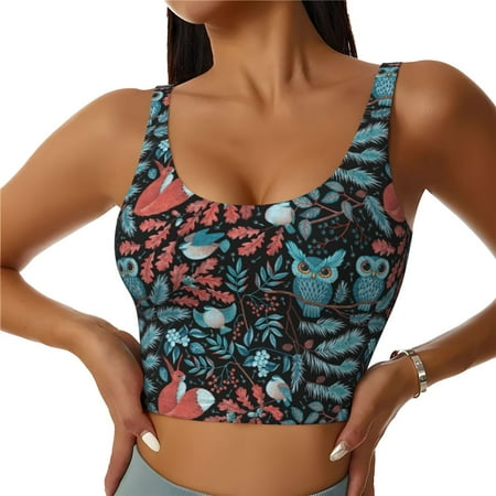 Adobk Squirrel Owl Autumn Maple Leaves Print Sports Bras for Women Longline Workout Crop Tank Tops Padded with Built in Shelf Padded Sports Bra-Medium