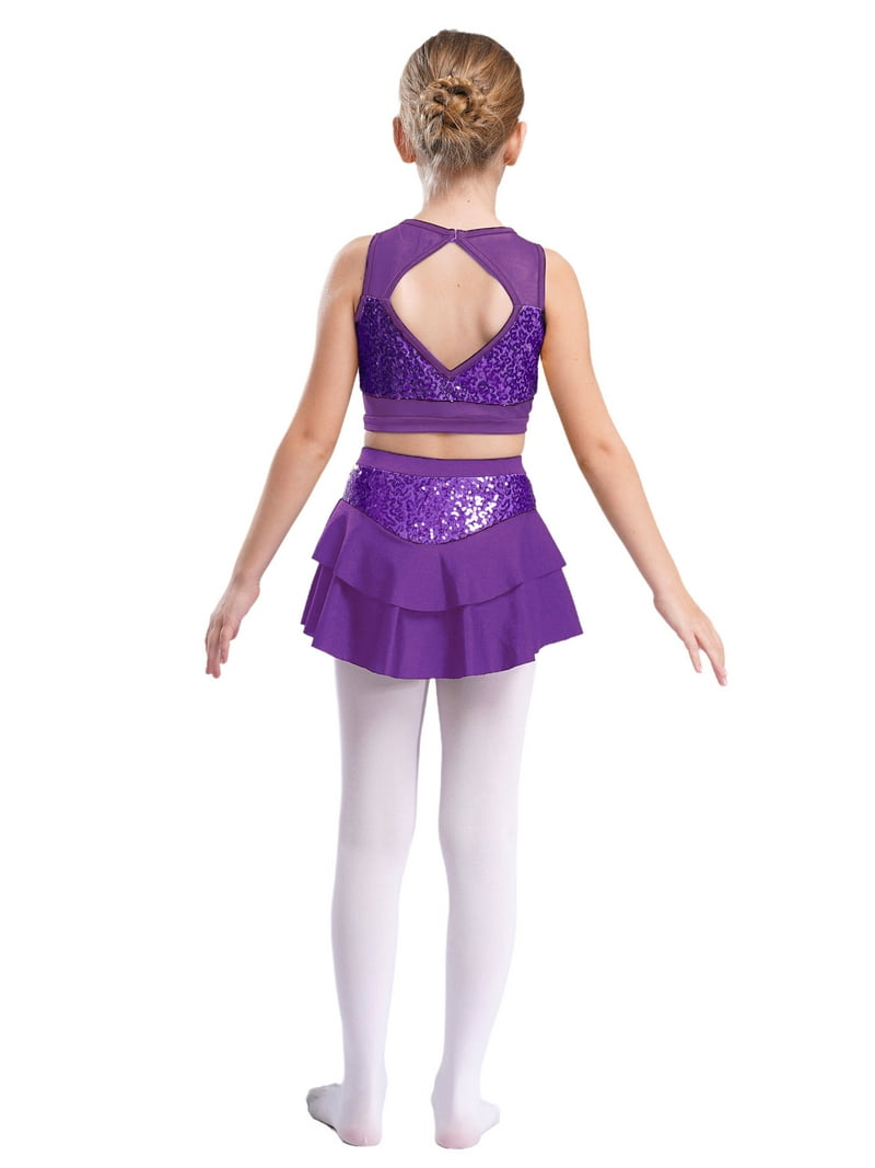 renvena Kids Girls Sequin Crop Top with Skirt Set Jazz Latin Hip