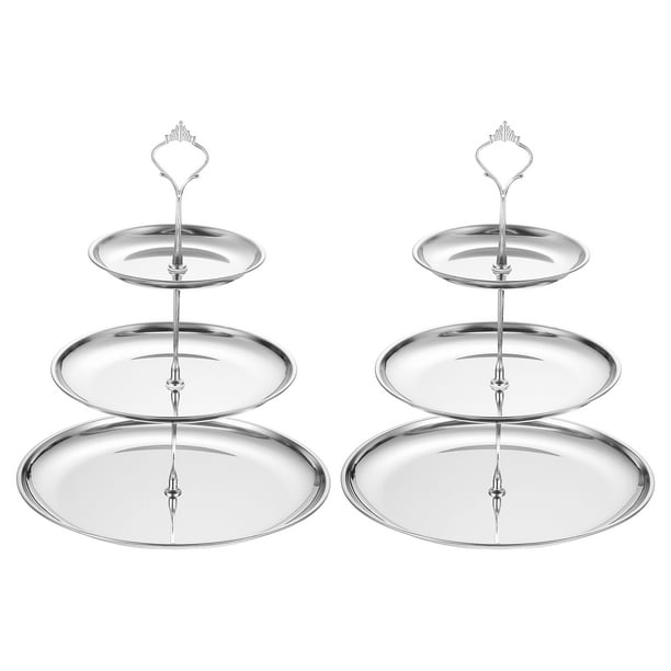 2 Juegos de Soporte para Cupcakes de 3 Niveles, Bandeja de Servicio Redonda de Acero Inoxidable para Postres, Frutas, Decoración de Mesa para Fiestas de Cumpleaños, Color Plateado
