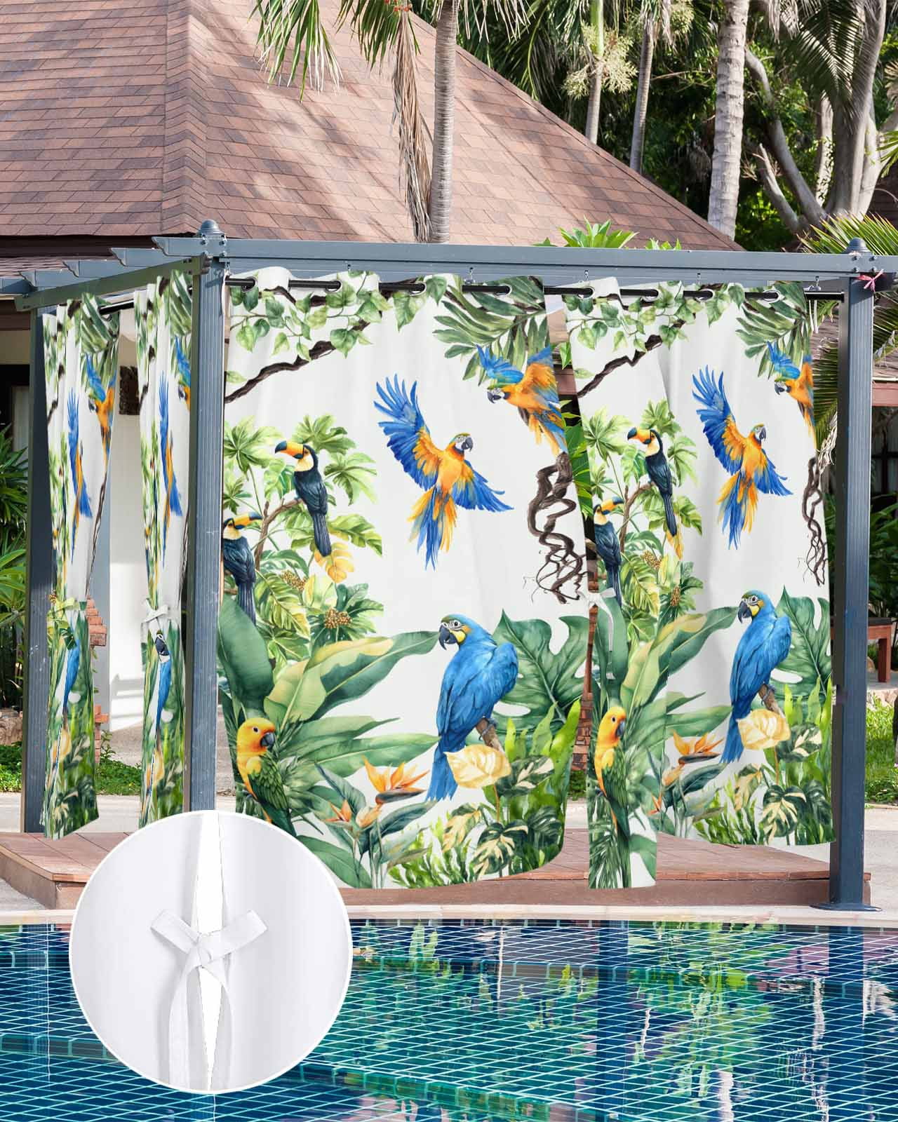 nqOlkjepod Outdoor Curtains for Patio Waterproof, Tropical Toucan Parrot Outdoor Privacy Panels Grommet, Summer Palm Leaf Watercolor Blackout Outside Curtains for Porch/Cabana 54"x84", 2 Panels