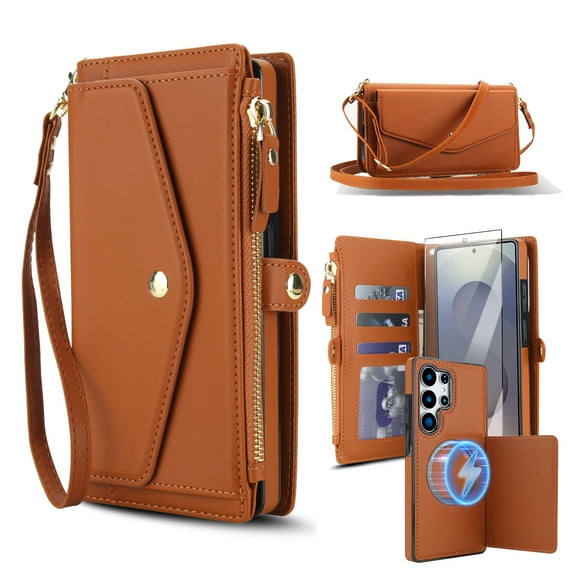 Dteck Crossbody Wallet for Samsung Galaxy S22 with Detachable Magnetic Phone Case, Compatible with MagSafe, RFID Blocking PU Leather Phone Case Flip Cover Wrist Strap Zipper Card Holder Slots,Brown